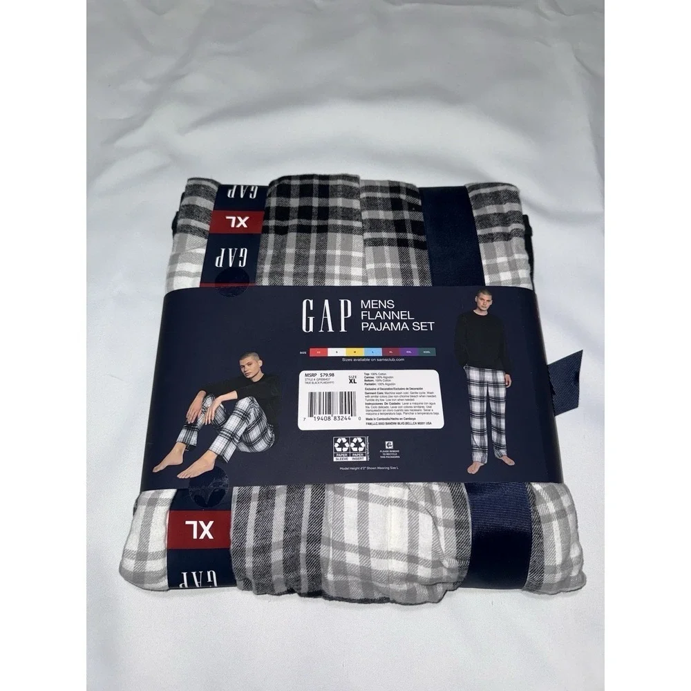 Gap Flannel Pajama Set Mens Size XL Plaid Crewneck Drawstring Stretch - Picture 2 of 2
